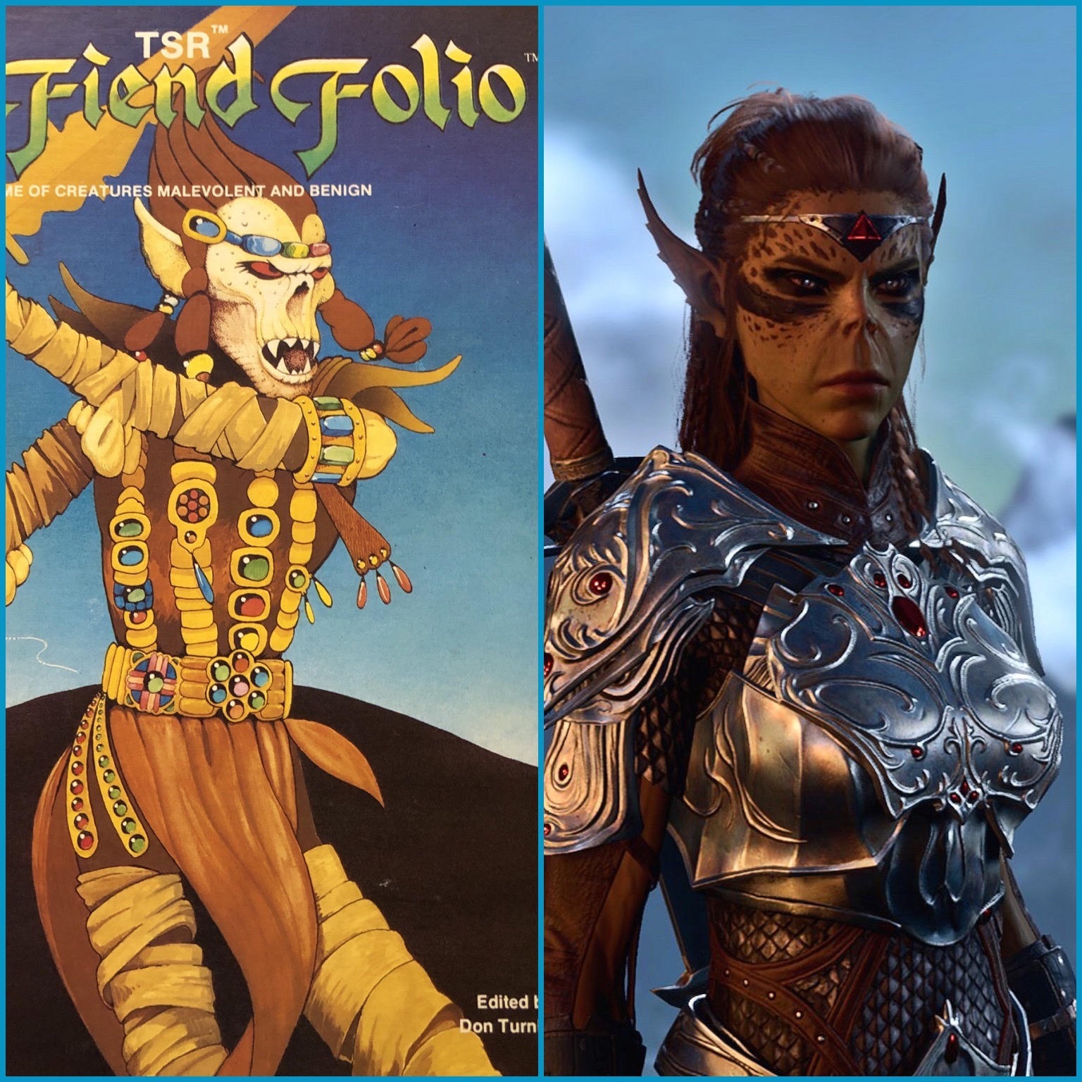 A side by side image of a skeletal githyanki warrior and Lae'zel from Baldur's Gate 3.